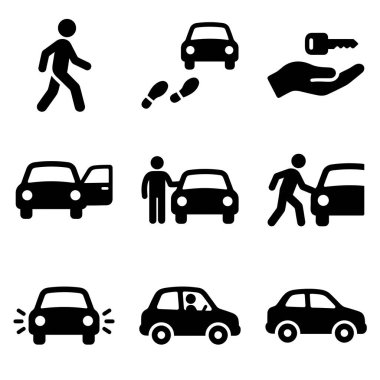 Trafik, ulaşım ve yol güvenliği uygulamaları için yaya, araba, anahtar ve güvenlik senaryolarını tasvir eden siyah ve beyaz simgeler.