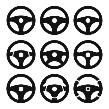 Otomotiv, ulaşım, araba tasarımı ve markalaşma uygulamaları için uygun dokuz adet siyah beyaz direksiyon simgesi..