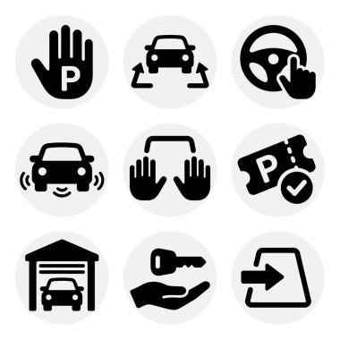 Park, direksiyon ve araç yardımı da dahil olmak üzere çeşitli sürüş ve araç güvenliği kavramlarını temsil eden dokuz adet siyah beyaz simge kümesi.