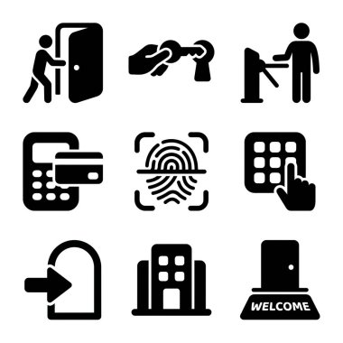 Güvenlik, erişim ve teknoloji kavramlarını temsil eden siyah ve beyaz simgelerin toplanması parmak izi, tuş takımı ve kapı giriş sembolleri.