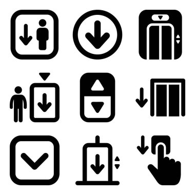 Umumi ve özel alanlarda gezinti, erişilebilirlik ve işaret için kullanılan asansör ve kaldırma sembollerini temsil eden siyah ve beyaz simgeler kümesi.