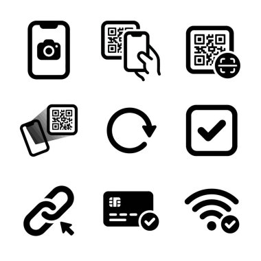 QR kodlarını, mobil taramayı, çevrimiçi doğrulamayı ve dijital işlemler ve güvenlik için kablosuz bağlantıyı temsil eden bir dizi siyah beyaz simge.