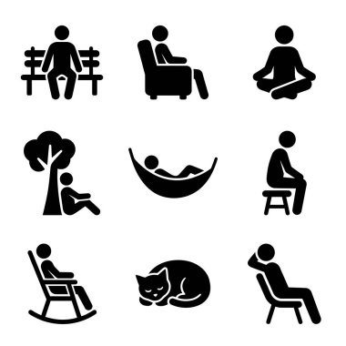 Oturma, okuma, meditasyon ve dinlenme gibi rahatlatıcı faaliyetlerde bulunan yaşlı bireyleri tasvir eden siyah ve beyaz simgelerden oluşan bir derleme..