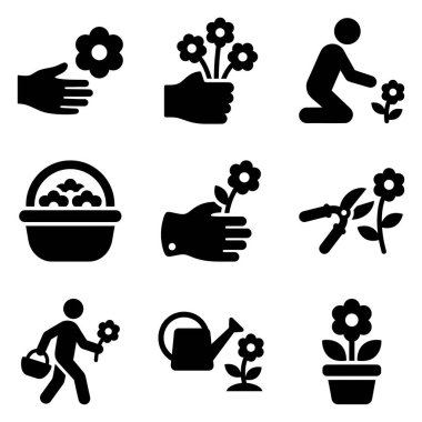 Çevre ve botanik temalar için bahçıvanlık faaliyetlerini, bitki bakımını ve doğayla ilgili nesneleri temsil eden dokuz siyah beyaz simge kümesi.