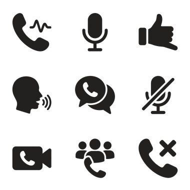 Dijital arayüz tasarımı için telefon, mikrofon, başparmak, konuşma balonu ve video çağrı sembolleri içeren bir dizi siyah iletişim simgesi.