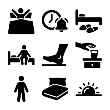 Uyku, dinlenme, rahatlama ve sağlık hizmetlerine uygun sağlık, sağlık ve yaşam tarzı bağlamlarını temsil eden siyah simgelerin toplanması.