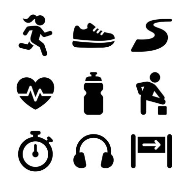 Koşu, ayakkabı, esneme, kalp atışı, su şişesi, halter, zamanlayıcı, kulaklık ve spor ve sağlık teması için yön tabelasını temsil eden siyah simgeler..