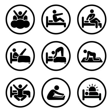 Rahatlama, egzersiz ve hasta bakımı da dahil olmak üzere çeşitli sağlık ve tıbbi faaliyetleri temsil eden dokuz siyah beyaz simge kümesi.