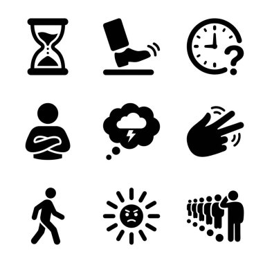 Zamanın, düşüncenin, sağlığın, iletişimin ve günlük aktivitelerin minimalist bir şekilde temsil edildiği dokuz adet siyah beyaz simge..
