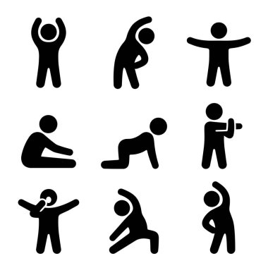 Farklı yoga pozisyonlarına ve fitness aktivitelerine katılan, esneklik, güç ve egzersiz rutinlerinde farkındalık gösteren insanların silüet görüntüleri.