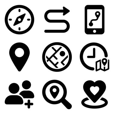 Pusula, rota, akıllı telefon, harita işaretleyici, dünya, saat, kullanıcı, kalp ve seyahat, navigasyon ve teknoloji temalarını temsil eden siyah beyaz simgeler kümesi.
