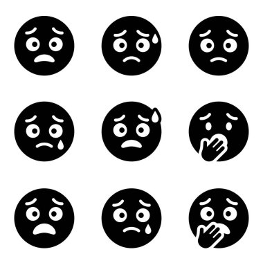 Üzüntü, endişe ve endişeyi ifade eden dokuz ifade her birinin farklı duyguları ifade eden farklı yüz ifadeleri olan basit bir siyah-beyaz stil..
