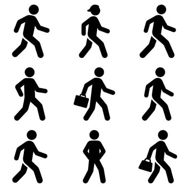 Çeşitli pozlarda dokuz siyah yürüyen insan silueti, sunumlar, bilgi grafikleri ve hareket ve etkinlikle ilgili yaratıcı projeler için uygun.
