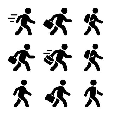 Evrak çantalarıyla koşan iş adamlarının siluetleri, kurumsal bir ortamda aciliyeti, takım çalışmasını ve profesyonel aktiviteyi simgeliyor..