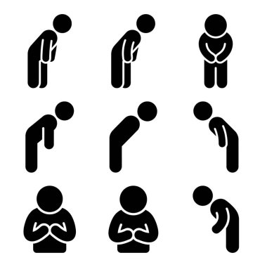 Çeşitli duruşlarda farklı selamlama ve saygılı jestler sergileyen, tevazu ve nezaketi vurgulayan çizimler koleksiyonu.