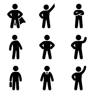 Farklı pozlar, jestler ve duruşlar gösteren, çeşitliliği, iletişimi ve insan aktivitesi kavramlarını temsil etmek için uygun siyah insan siluetleri..