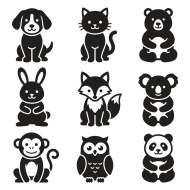 Bunlar arasında köpek, kedi, ayı, tavşan, tilki, fare, baykuş ve panda gibi siyah-beyaz şekilli hayvan siluetleri var..