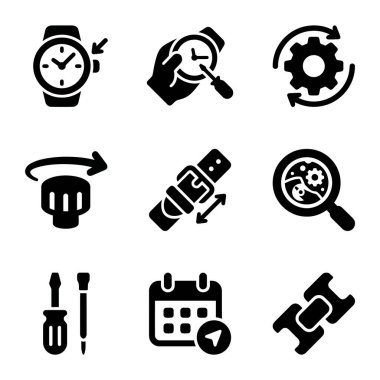 Teknik, mühendislik veya mekanik projeler için saat, dişli, araç ve bakım sembollerini temsil eden dokuz tek renkli simge kümesi.