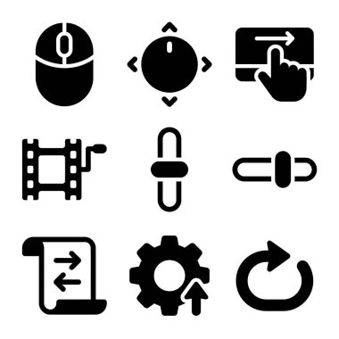 Dijital arayüzler ve kullanıcı deneyimi tasarımı için çeşitli teknoloji ve aygıt fonksiyonlarını temsil eden bir dizi siyah ve beyaz simge.