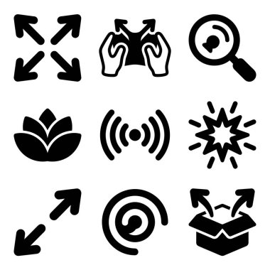 Dijital arayüzler ve kullanıcı deneyimi tasarımı için teknolojiyi, iletişimi ve bağlantıyı temsil eden bir dizi siyah beyaz simge.