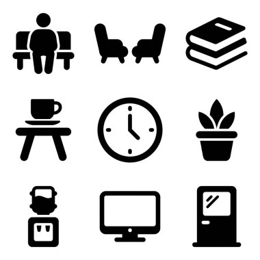 Ofis mobilyalarını ve sandalye, masa, saat, fabrika, bilgisayar ve elektrik prizi gibi ekipmanları temsil eden siyah ve beyaz simgelerden oluşan bir koleksiyon.