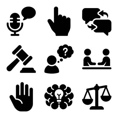 İletişim, adalet ve sosyal etkileşimi temsil eden siyah ve beyaz simgeler. Mikrofon, el hareketi, konuşma baloncukları, tokmak ve pullar da dahil..