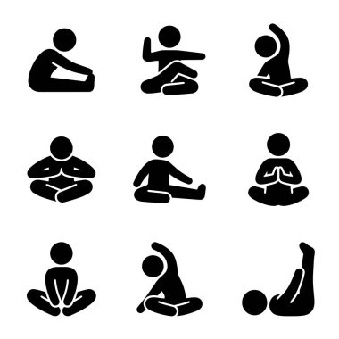 Çeşitli yoga ve meditasyon pozlarını tasvir eden siyah siluetler, esneklik, farkındalık ve rahatlama teknikleri sergiliyor..