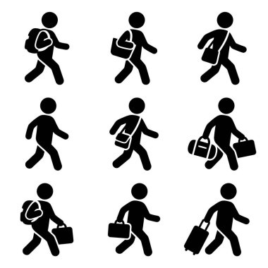 Sırt çantalı öğrencileri farklı yürüyüş ve koşu pozisyonlarında tasvir eden siyah siluet koleksiyonu, hareket ve etkinliği vurguluyor.