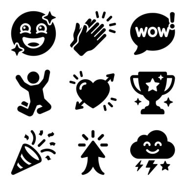 Gülümseyen yüzler, alkışlayan eller, kalpler, kupalar ve sevinç ve heyecan taşıyan parti sembolleri içeren bir takım neşeli duygu simgeleri ve kutlama simgeleri..