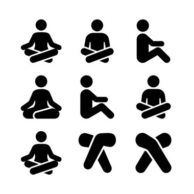 Dokuz siyah meditasyon ve yoga ikonu basit ve modern bir şekilde farkındalığı, rahatlığı ve ruhani uygulamayı temsil ediyor..