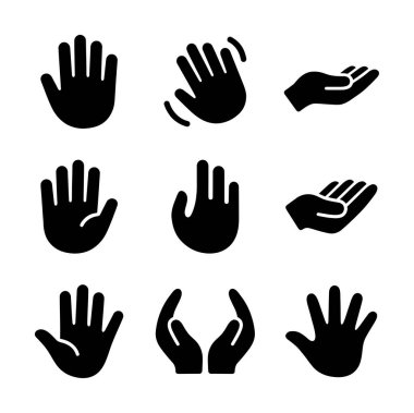 El sallamak, durmak, tutmak ve saymak gibi çeşitli insan el hareketlerini tasvir eden dokuz basit simge koleksiyonu. Web ve yazdırma için minimalist vektör tasarımı.
