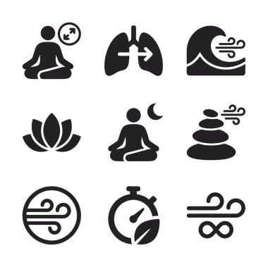 Yoga, nefes alma, farkındalık ve zen gibi kavramları temsil eden siyah ve beyaz simgelerden oluşan bir derleme. Ciğerler, nilüfer ve sağlık uygulamaları ve web siteleri için dengeli taşlar içerir.