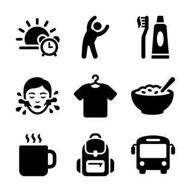 Bir günlük sabah rutinini tasvir eden dokuz basit siyah simge koleksiyonu. Uyanmak, esnemek, hijyen, giyinmek, kahvaltı yapmak ve otobüsle seyahat etmek de dahil..
