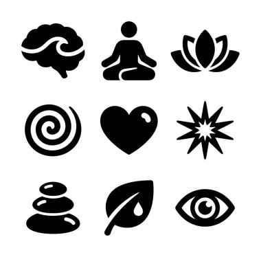 Meditasyon, farkındalık, yoga, denge ve ruhani refah gibi kavramları temsil eden dokuz basit siyah ikondan oluşan bir derleme. Beyin, nilüfer ve kalp sembolleri içerir.