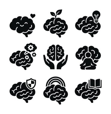 Zihinsel sağlık, yaratıcılık, öğrenme, farkındalık ve beyaz bir arkaplanda psikolojik refah gibi kavramları temsil eden dokuz sağlam siyah ikondan oluşan bir derleme..