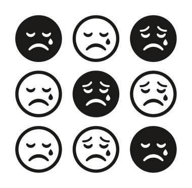 Üzgün ve ağlayan yüz ifadelerini tasvir eden dokuz basit vektör simgesi. Koleksiyonda, ağlayan yüzleri ve hüzünlü ifadeleri gösteren koyu siyah ve ana hatları çizilmiş tarzlar yer alıyor..