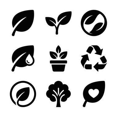 A collection of nine minimalist icons representing nature, plants, recycling, and sustainability. Perfect for eco friendly and green themed designs.