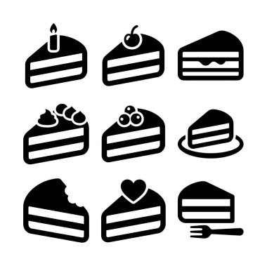 Mum kirazı ve böğürtlen gibi çeşitli malzemelerle pasta dilimlerini tasvir eden dokuz basit siyah ikondan oluşan bir koleksiyon. Isırılmış bir dilim ve çatallı bir dilim içerir..