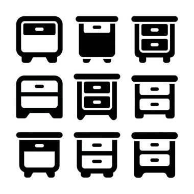 Değişik komodin ve başucu dolaplarını tasvir eden dokuz siyah ve beyaz ikondan oluşan çok yönlü bir set. Basit katı kabartma tasarımı mobilya ya da iç tasarım temaları için mükemmeldir.