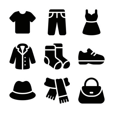 Tişört, pantolon, elbise, ceket, çorap, ayakkabı, şapka, atkı ve el çantasından oluşan dokuz adet siyah moda ikonu. Web ve mobil için izole vektör grafik ögeleri.