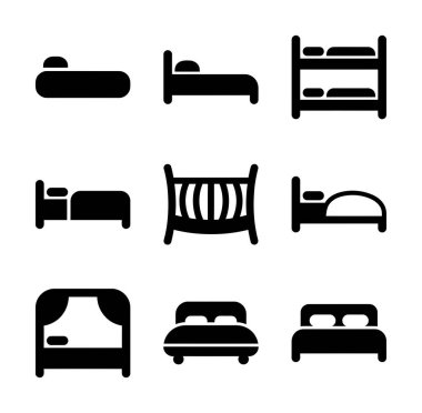 Çeşitli yatakları temsil eden dokuz basit siyah kabartma simge koleksiyonu. Ranza, beşik, çift kişilik yatak ve ağ, uygulama ve baskı için tek kişilik yatak tasarımları içerir.