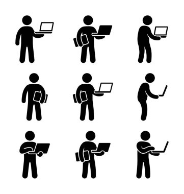 Bir dizüstü bilgisayar tutan, taşıyan ve kullanan birini gösteren siyah ve beyaz vektör simgelerinden oluşan bir derleme. Web ve bilgi grafikleri için basit pictogram seti.