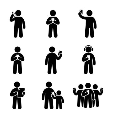 Çeşitli pozlarda çubuk figürlerini gösteren siyah beyaz resim koleksiyonu akıllı telefonlar ve tabletler gibi mobil teknolojiler kullanarak iletişim, selfieler ve eğlence için.