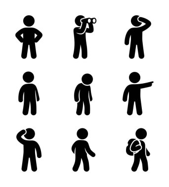 Dürbünle bakmak, işaret etmek, düşünmek ve ayakta durmak gibi farklı duruşlardaki bir insanın dokuz siyah siluet simgesinden oluşan bir koleksiyon. Tasarım için izole vektör grafik ögeleri.
