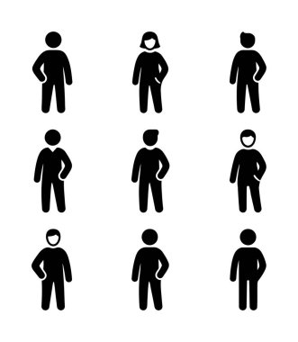İnsan figürlerini tasvir eden dokuz basit simge seti. Koleksiyonda farklı pozisyonlardaki erkek ve kadın piktogramları yer alıyor. Kullanıcı profilleri için minimalist vektör simgeleri.