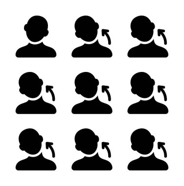 Eğilim, dönme ve esneme de dahil olmak üzere çeşitli boyun egzersizlerini gösteren dokuz katı siyah kabartma simgesinden oluşan bir derleme. Sağlık, sağlık ve uygunluk kavramları için ideal.