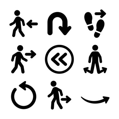 Yürüyen figürler, oklar, ayak izleri ve geri sarma, tekrar etme ve U dönüşü için semboller içeren dokuz adet siyah, katı sembol. Web ve uygulama tasarımı için kullanışlı.