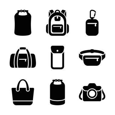 Seyahat ve macera için çanta, çanta, çanta, çanta, bel çantası ve kamera çantası gibi farklı tipte çantaları temsil eden dokuz adet siyah simge..