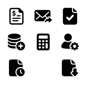 Fatura, e-posta, hesap makinesi ve web veya uygulama UI için indirme sembolleri de dahil olmak üzere iş, finans ve kullanıcı yönetimi için dokuz temel siyah simge koleksiyonu.