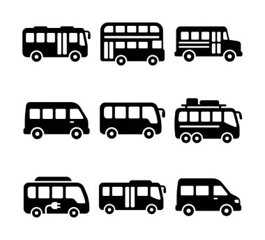 Şehir otobüsü, çift katlı otobüs, okul otobüsü, servis minibüsü, tur otobüsü ve bir elektrikli araç da dahil olmak üzere çeşitli otobüs ve minibüs modellerini temsil eden dokuz siyah siluet ikonundan oluşan bir koleksiyon..